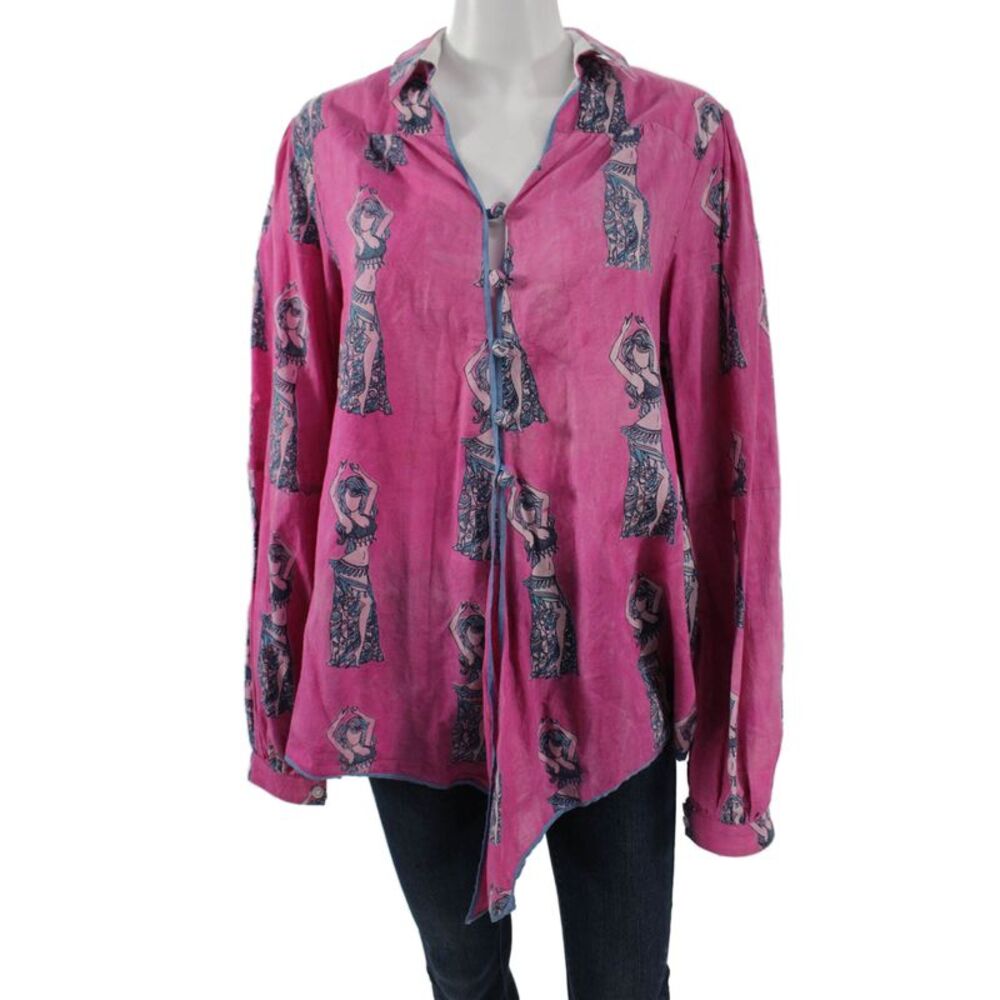 Joey Wolffer Womens Bohemian Collared Button-Up Long Sleeve Pink Cotton Size M